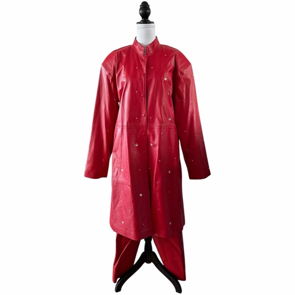 Unbranded Red Leather 2pc Pant Suit w/Rhinestones Size 1X